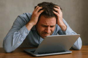 Un Homme stressé la tête entre les mains, illustrant le stress, l'angoisse, l'anxiété. L'idée est de montrer que l'hypnose est utile pour gérer le stress et l’anxiété de la rentrée à Aix-en-Provence.