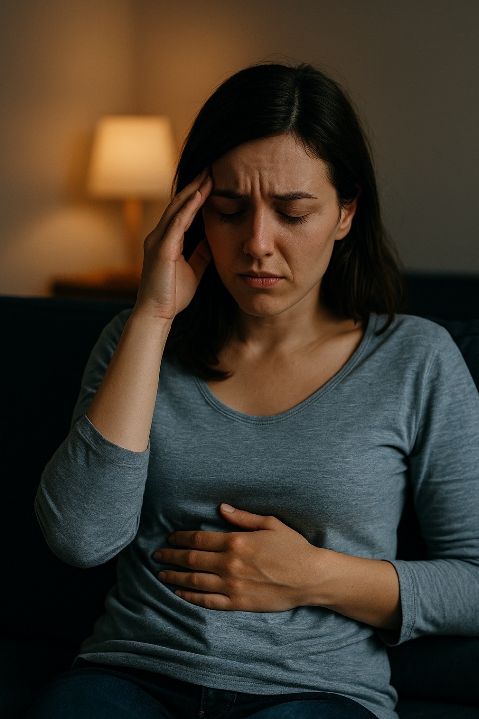 Femme assise dans un salon, main sur le ventre et tête entre les mains, exprimant la tension et le malaise liés à l’angoisse du dimanche soir avant la reprise du travail.