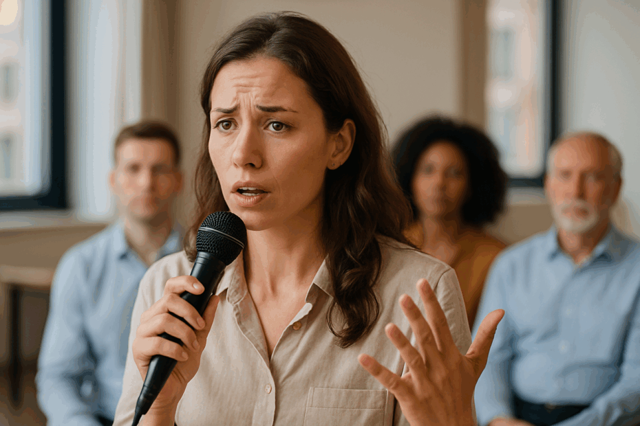Femme stressée parlant en public – hypnose à Aix-en-Provence pour peur de parler en public