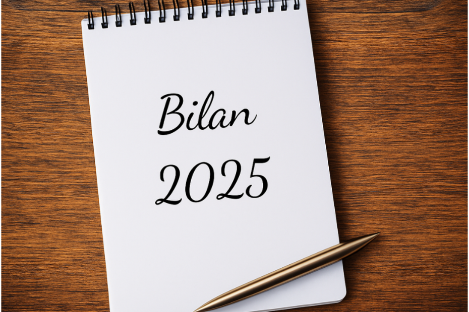 Carnet posé sur une table en bois avec l’inscription “Bilan 2025”, symbolisant l’introspection et le bilan de fin d’année.