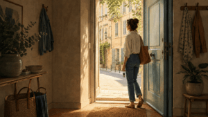 Femme franchissant le seuil de sa maison pour illustrer l’agoraphobie et la peur de sortir à Aix-en-Provence