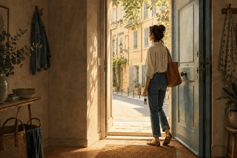 Femme franchissant le seuil de sa maison pour illustrer l’agoraphobie et la peur de sortir à Aix-en-Provence