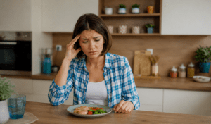 Femme anxieuse devant son repas, illustrant l’émétophobie et la peur de vomir.