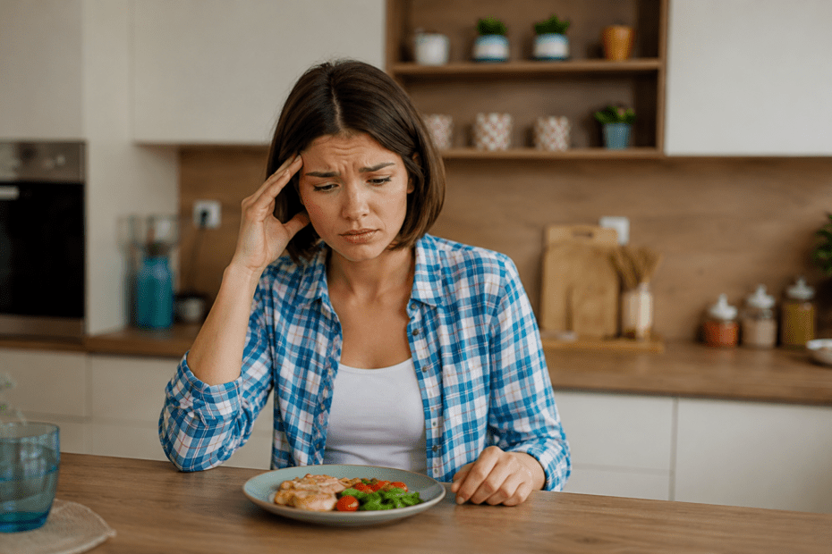 Femme anxieuse devant son repas, illustrant l’émétophobie et la peur de vomir.